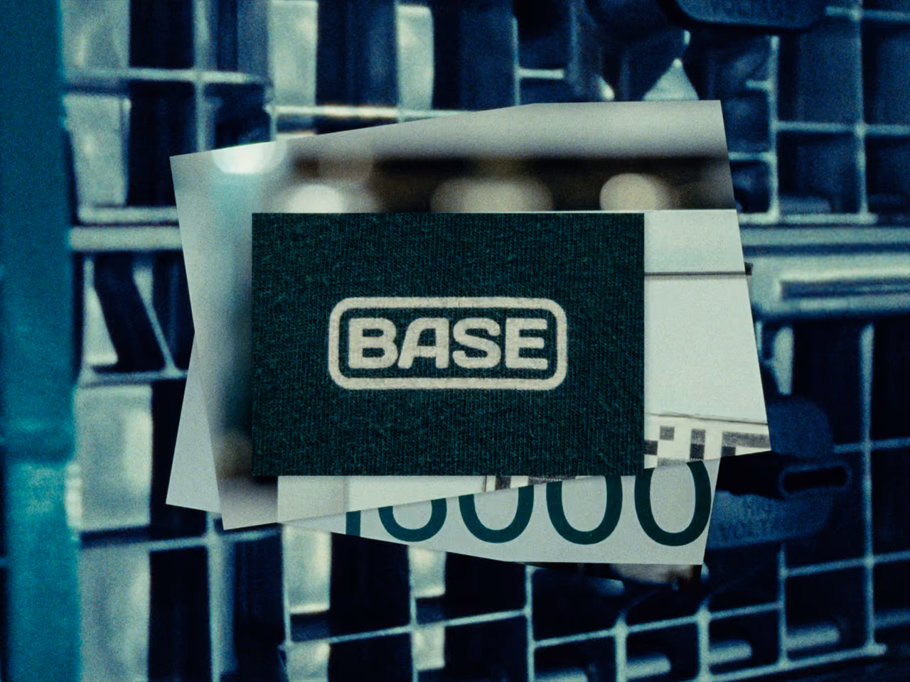 Inside the Base factory: stacked snapshots of battery production behind a knit Base logo patch