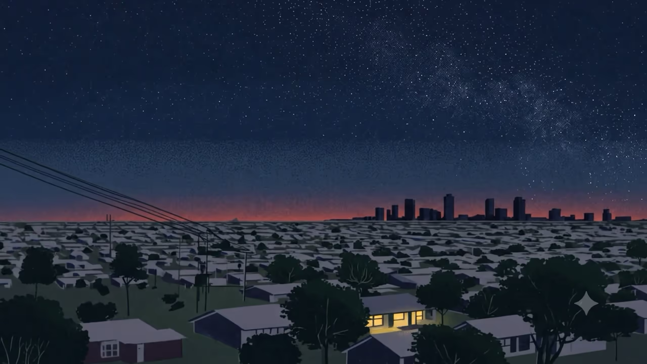 A Texas suburb at night under a starry sky, every house dark except one with its windows lit