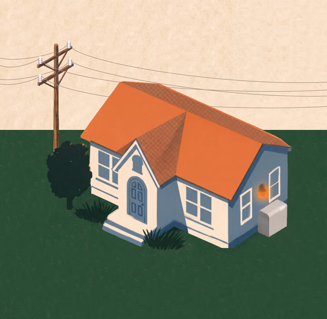 Illustration of a home with an orange roof on a sunny day, its Base battery beside the wall and a power pole carrying energy to the grid