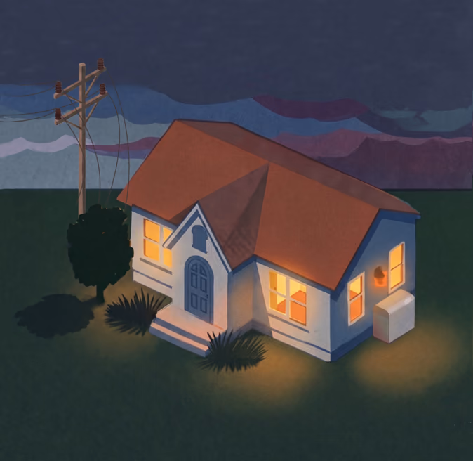 Illustration of the same home at night under a stormy sky during an outage, windows glowing warm on Base battery backup