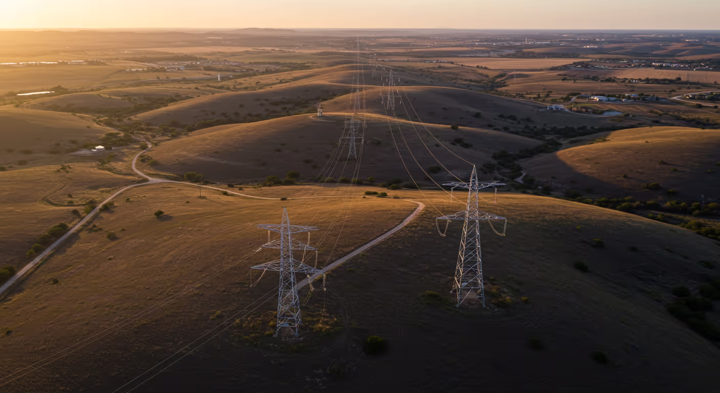 Transmission lines across the Texas grid at sunset