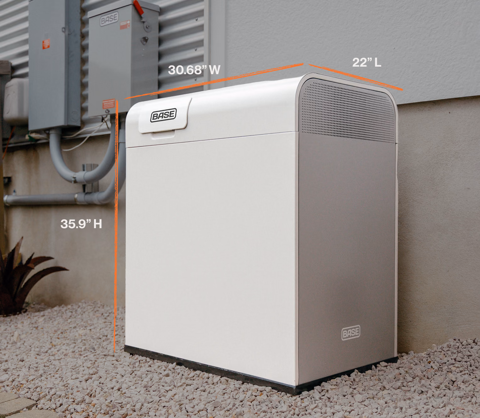 A Base Core battery beside a home electrical panel, marked 30.68 inches wide, 35.9 inches high, and 22 inches deep