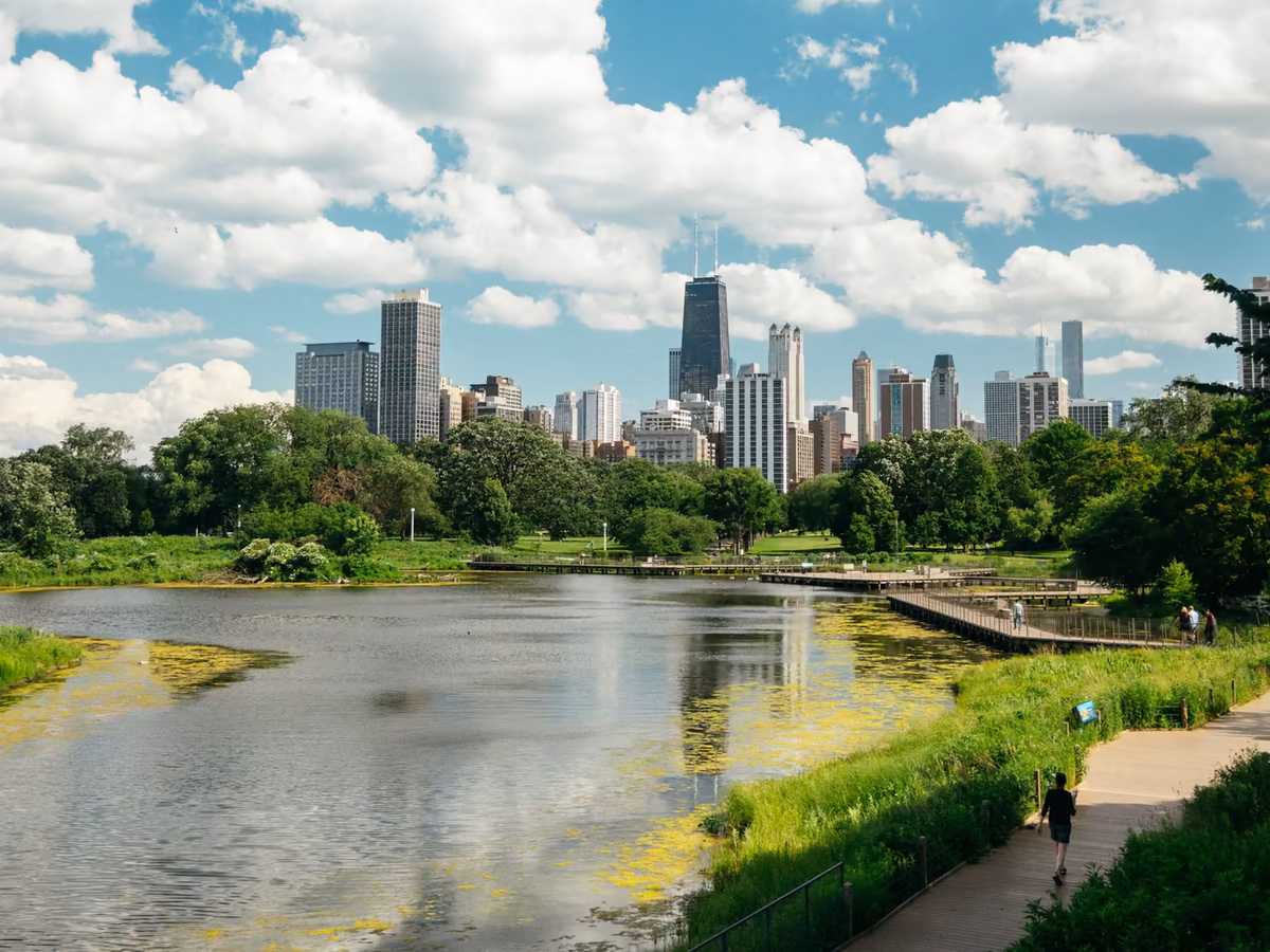 The Chicago skyline seen across the pond in Lincoln Park