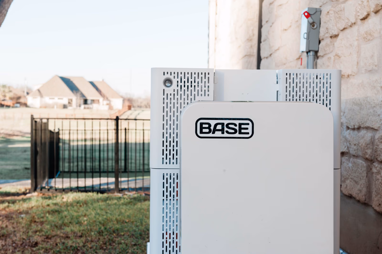 A Base Power battery installed beside a Texas home