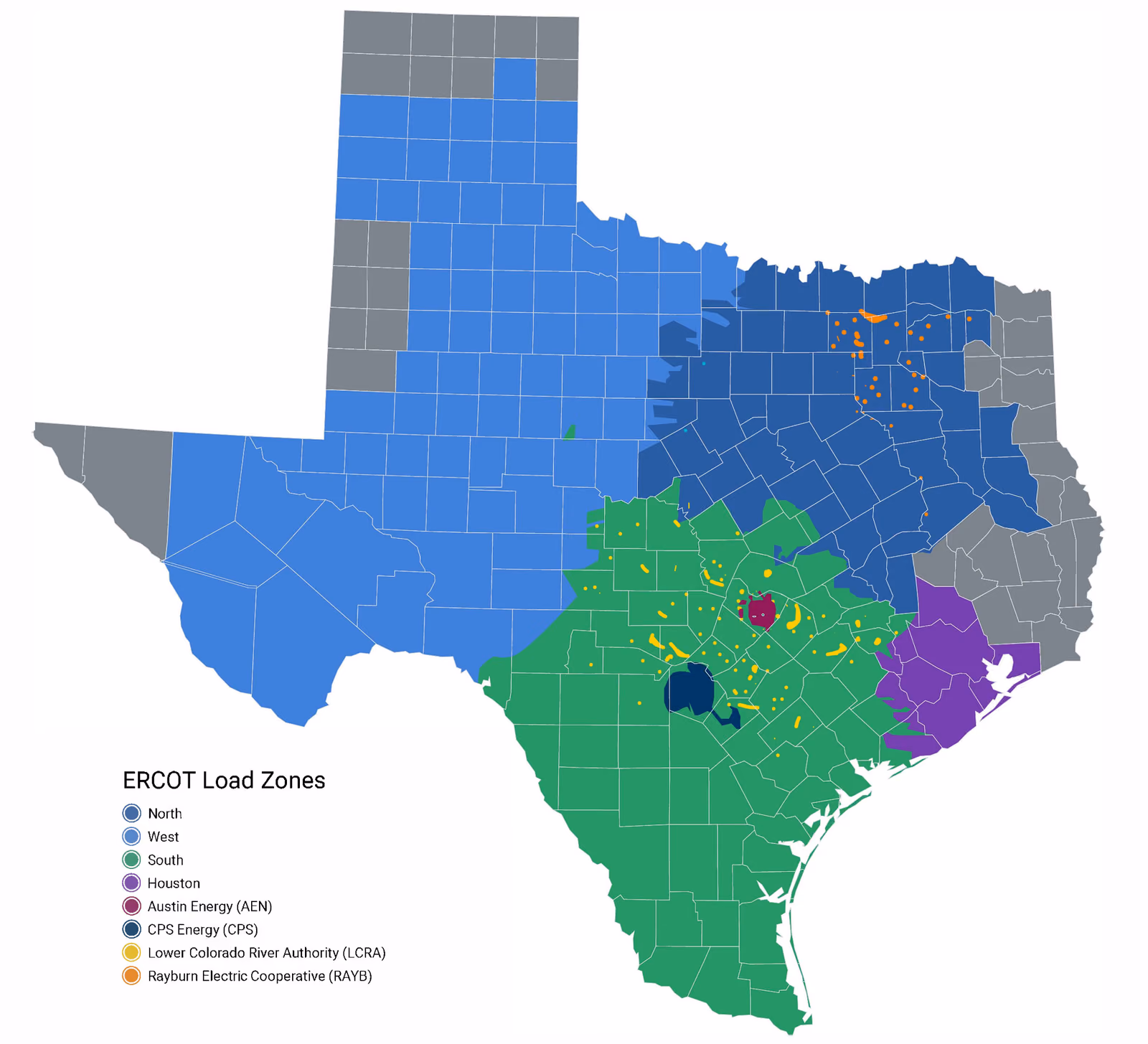 Map of Texas shaded by ERCOT load zone — North, West, South and Houston — with the Austin Energy, CPS Energy, LCRA and Rayburn Electric Cooperative territories called out.