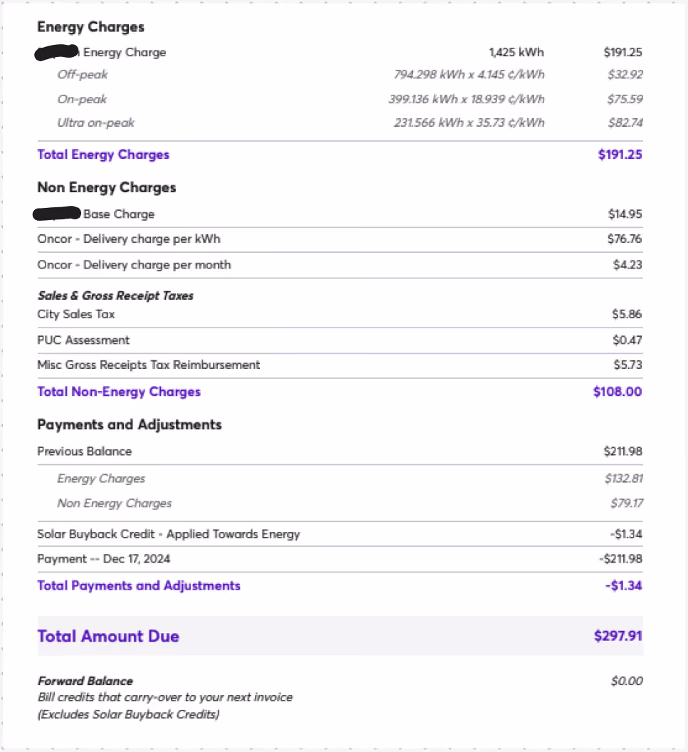 This electricity bill shows time-of-use pricing, where energy rates vary based on the time of day.