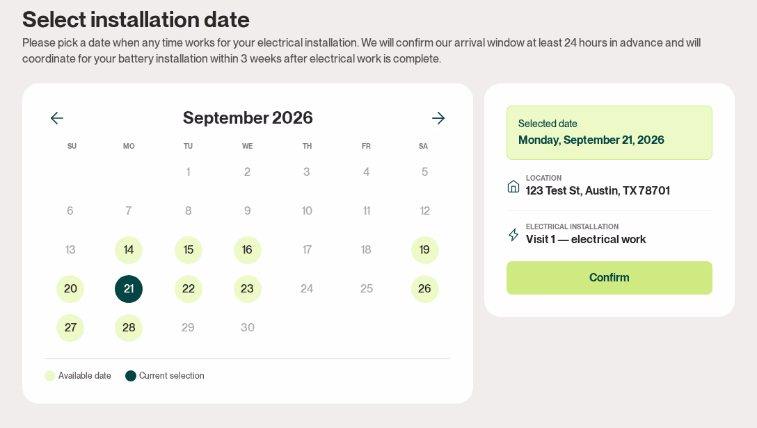 Select installation date screen: a September calendar with available dates highlighted and Monday, September 21 selected, beside a summary with a Confirm button.