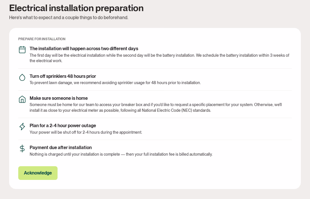 Electrical installation preparation screen: a checklist covering two install days, sprinklers, someone being home, a 2 to 4 hour power outage and payment after installation, with an Acknowledge button.