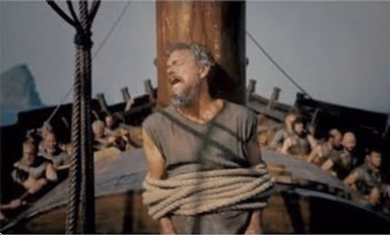 Film still of Odysseus tied to the ship's mast while his crew rows past the sirens.