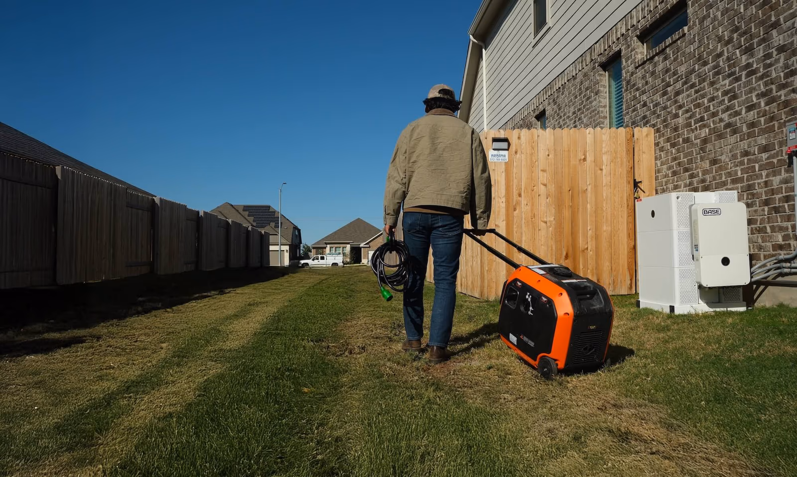 A homeowner connecting a portable generator to a Base battery
