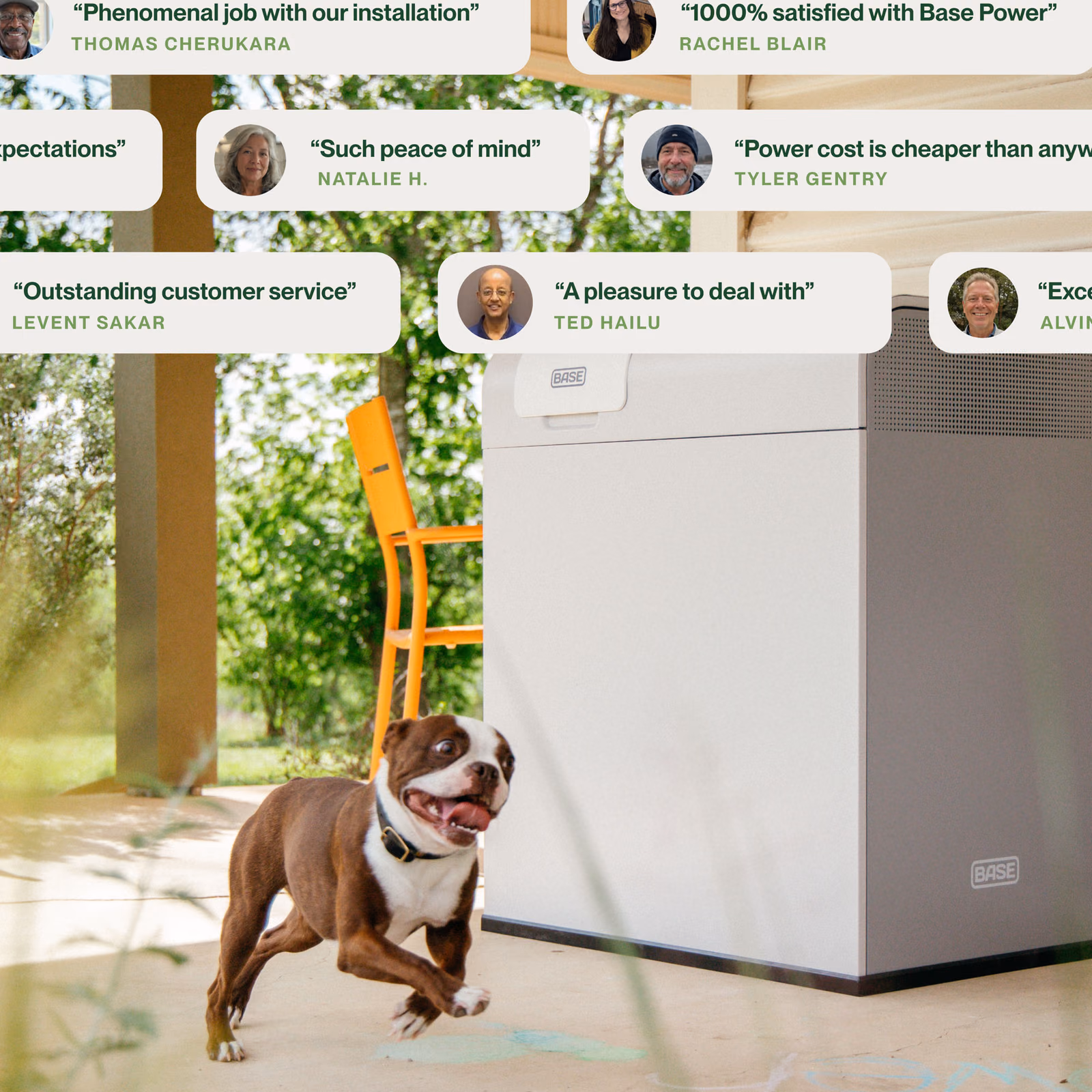 A dog running past a Base Power battery, framed by customer review highlights