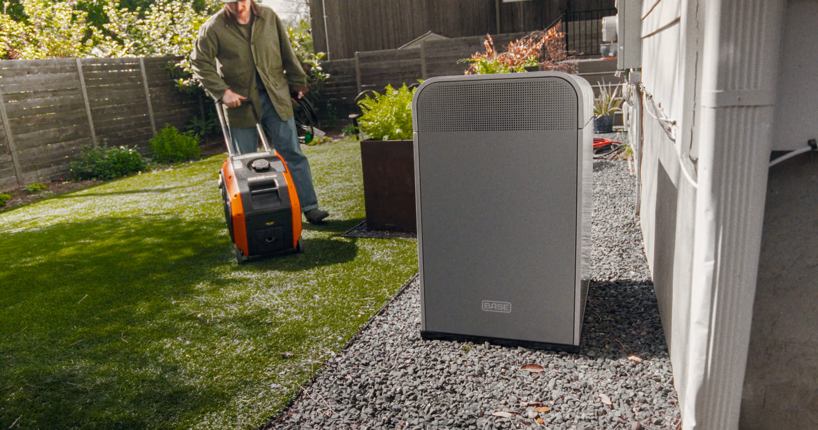 A homeowner pulling a portable generator out of the garage