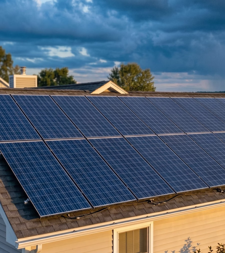 Rooftop solar panels on a home under a stormy sky at golden hour